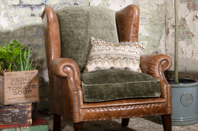 Leather & Fabric Wingback Chair